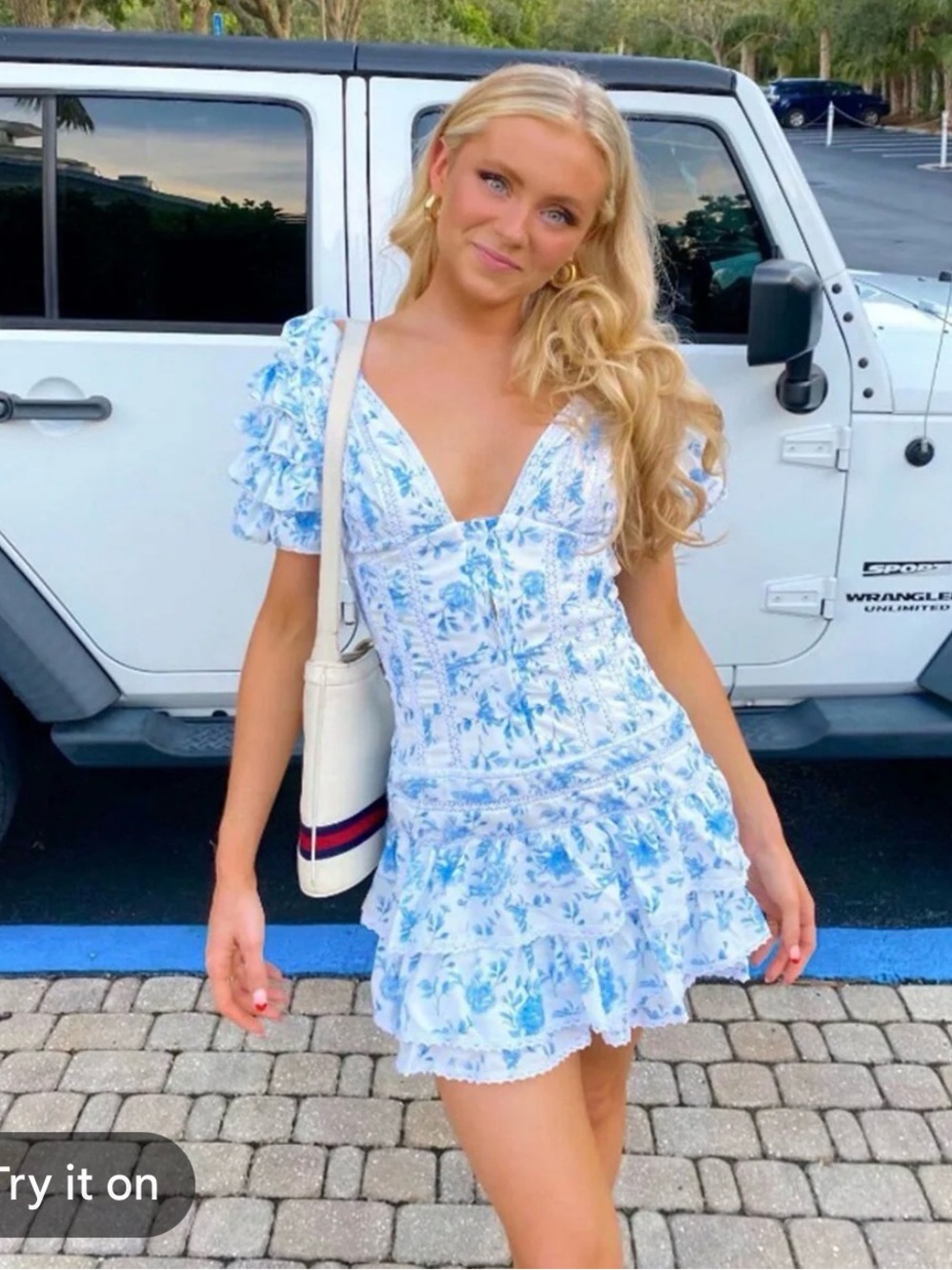 Blue and White Floral Ruffled Mini Dress